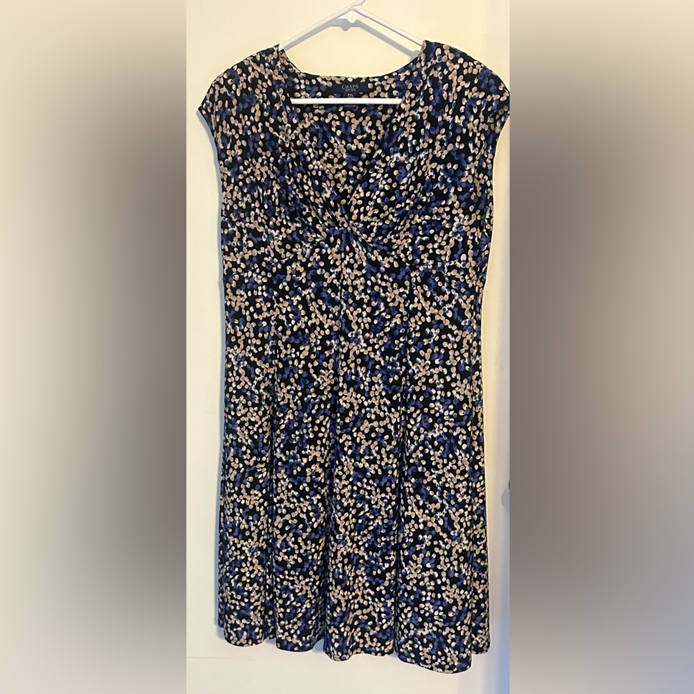 Chaps size PXL cap sleeve dress. Blue/black/tan dot pattern. GUC.